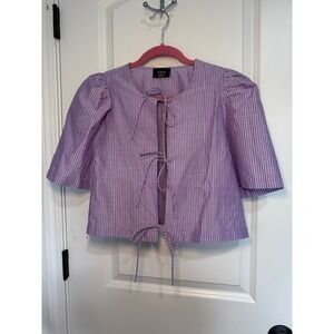 Vici Collection Purple Striped Tie‎ Front Puff Sleeve Cropped Blouse Top